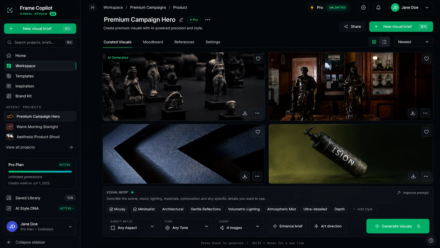 Frame Copilot Studio workspace showing a premium campaign with curated visuals, project navigation, and a visual brief composer